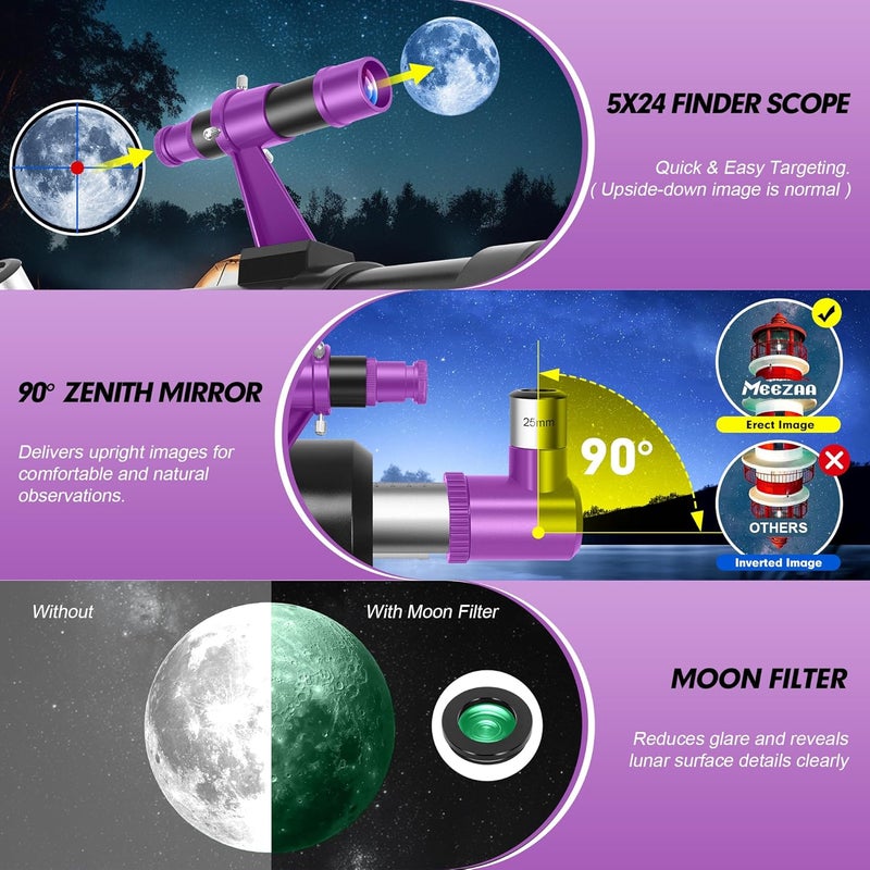 MEEZAA Telescope, Telescope for Adults High Powered, 90mm Aperture 550mm Portable Professional Refractor Telescopes for Kids & Astronomy Beginners with Tripod, Phone Adapter, Carry Bag & Moon Filter - Image 4